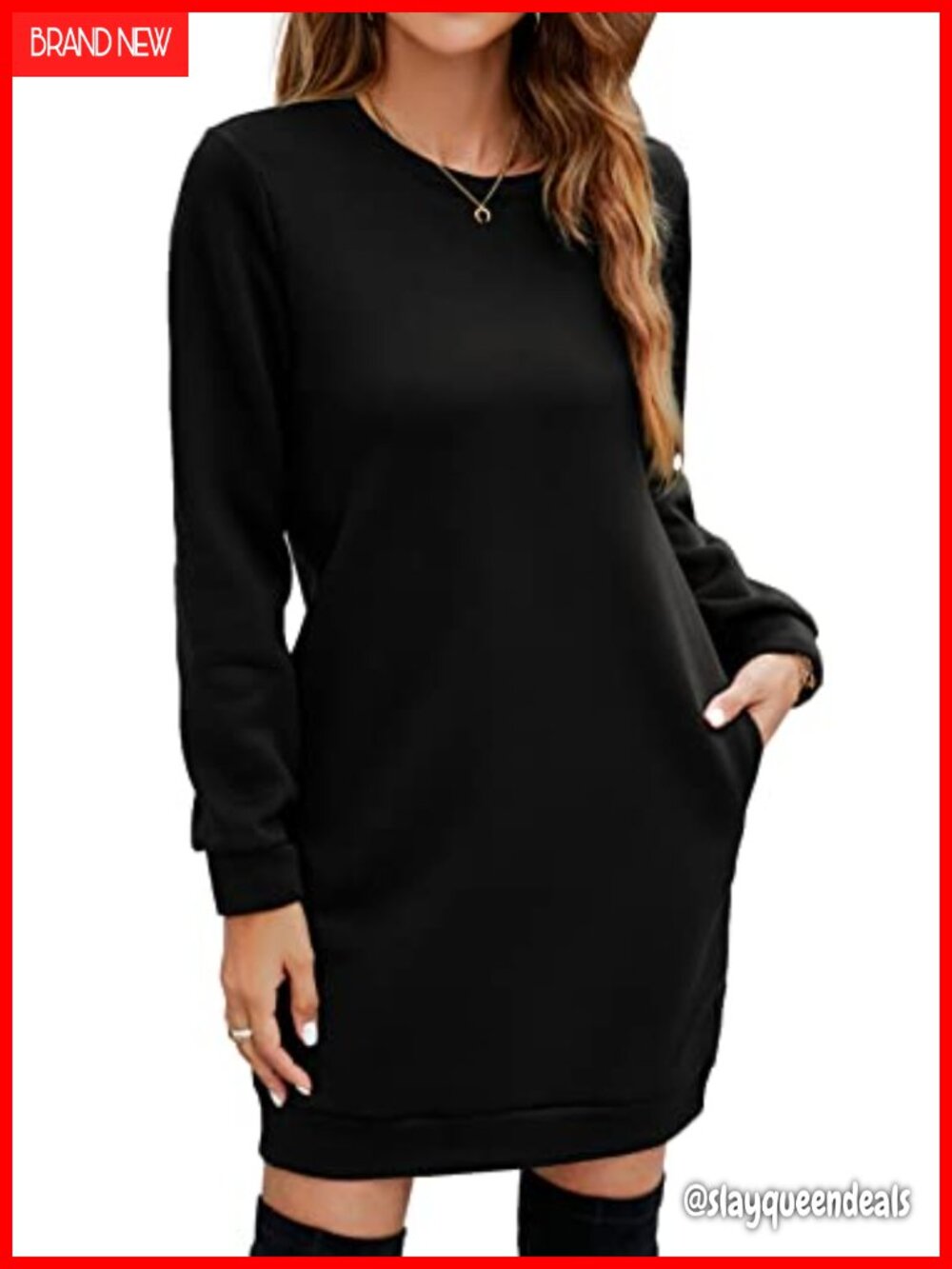 Fleece Long Sleeve Mini Sweatshirt Dress with Pockets Casual Pullover